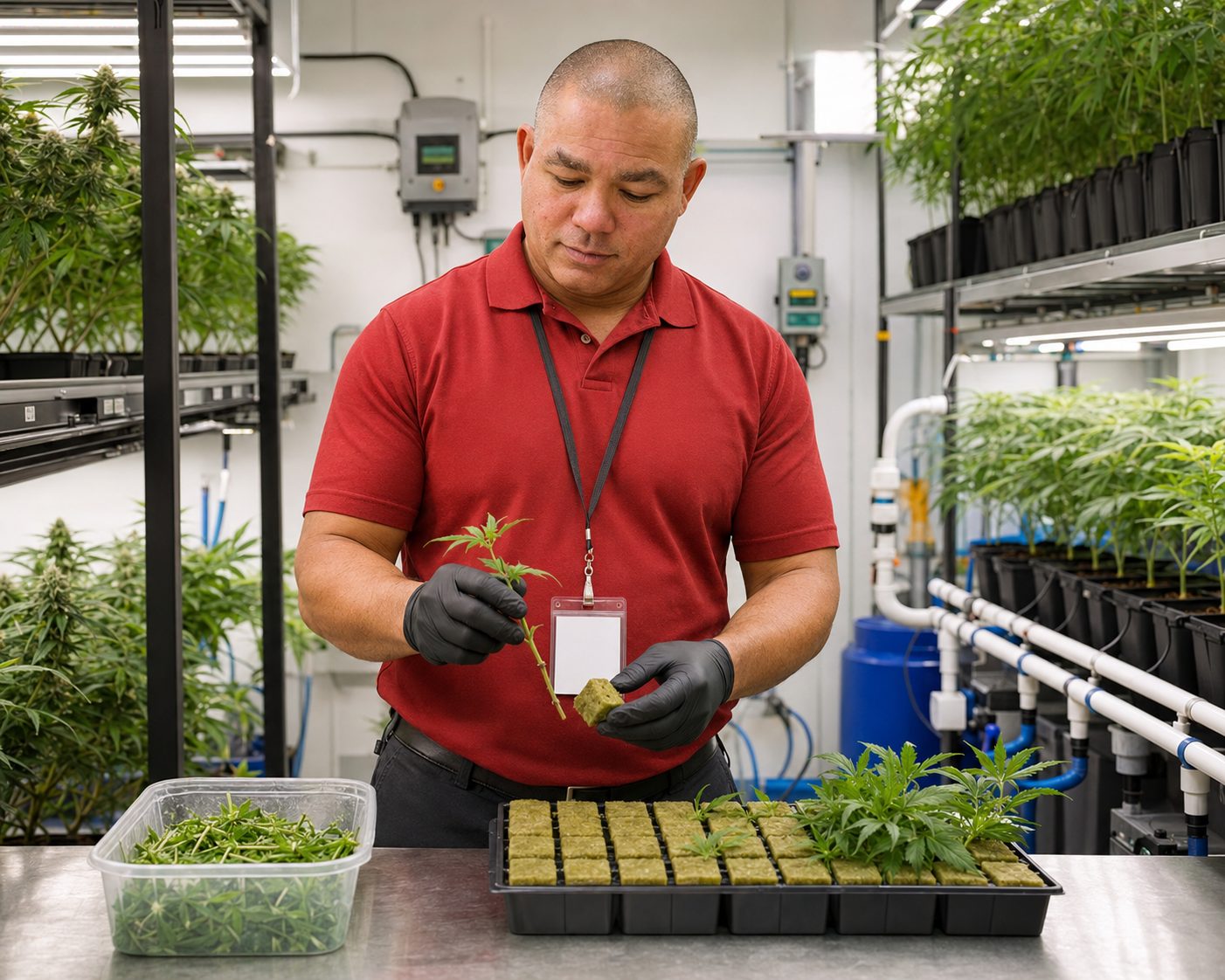 Devin Lockett inspecting CBD hemp plants in the hydroponic cultivation grow